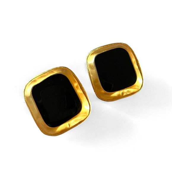 Vintage Anne Klein Couture Matte Gold Black Enamel Earrings - Picture 4 of 6